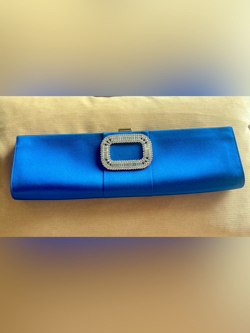 LIKE NEW ROGER VIVIER ROYAL BLUE SATIN CRYSTAL ELONGATED TUBE PILGRIM CLUTCH